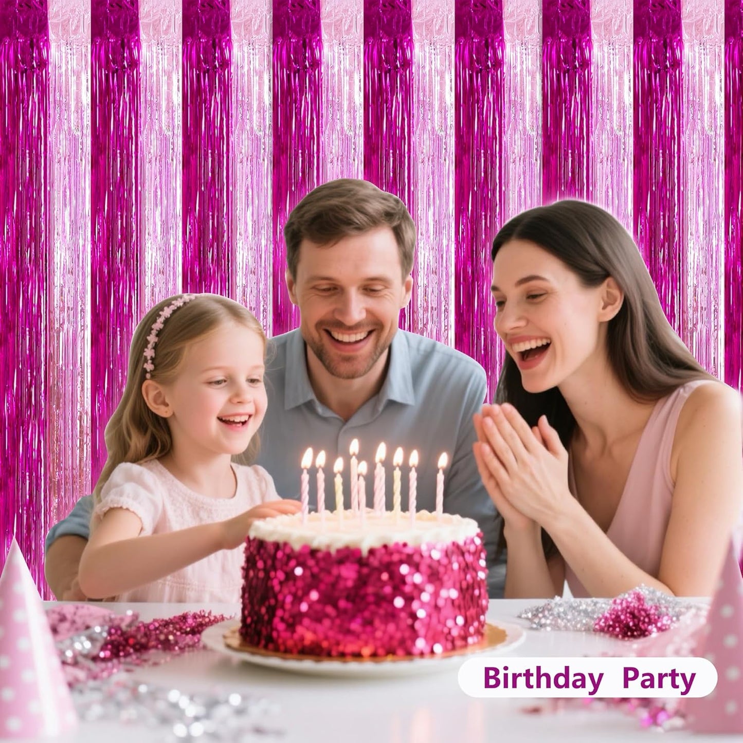 BEISHIDA Hot Pink Pink Door Streamers Backdrop Foil Fringe Tinsel Party Streamers Curtains Photo Backdrop -2Pcs for Birthday Graduation Bachelorette Party Decoations