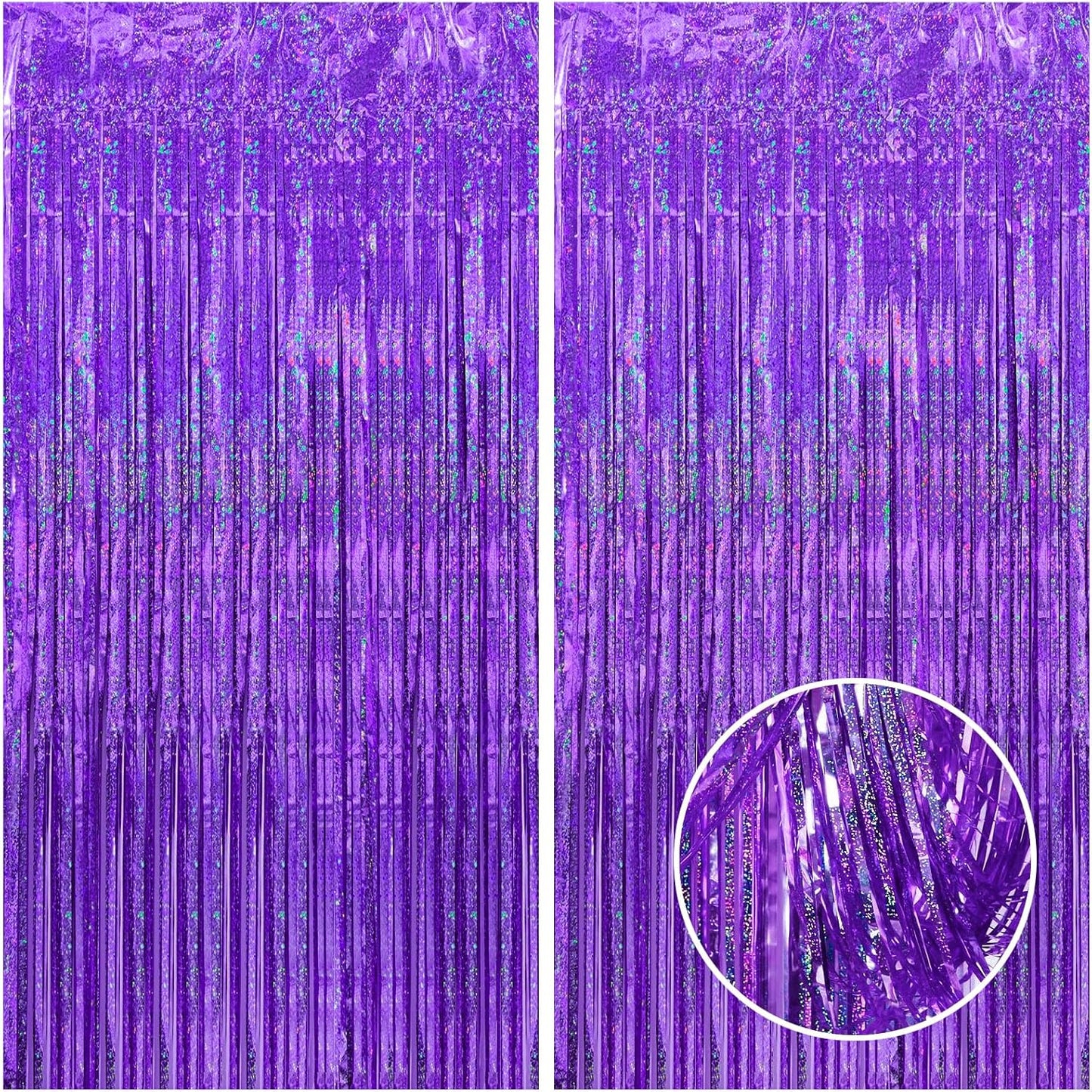 CANREVEL 2 Pack 3.3x8.2 Feet Laser Purple Foil Fringe Backdrop Curtains, Glitter Tinsel Streamers for Mermaid Birthday Party Decorations, Graduation, Halloween, Disco Party
