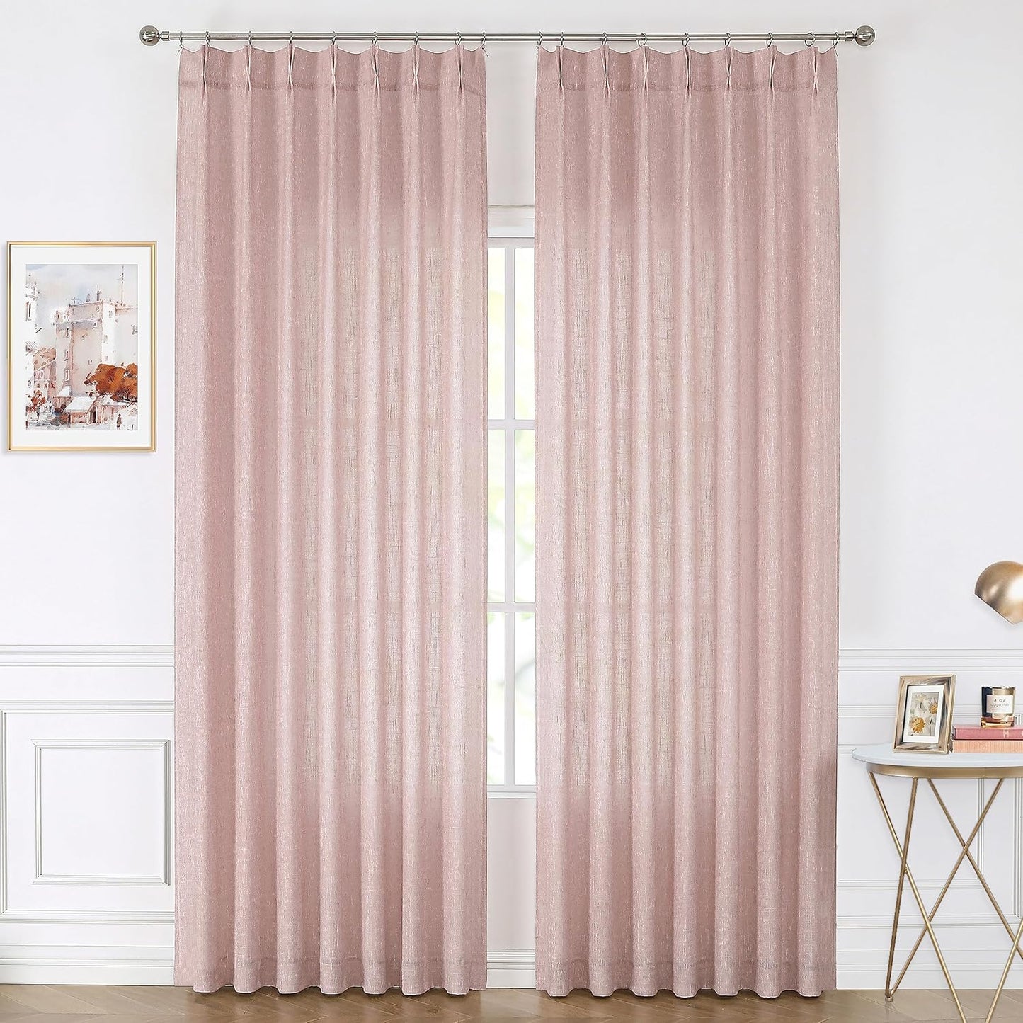 Vision Home Pink Pinch Pleated Semi Sheer Curtains for Girls Bedroom Living Room Textured Light Filtering Window Curtains 95 inch Rayon Blended Pinch Pleat Pink Drapes with Hooks 2 Panels 40" Wx95 L