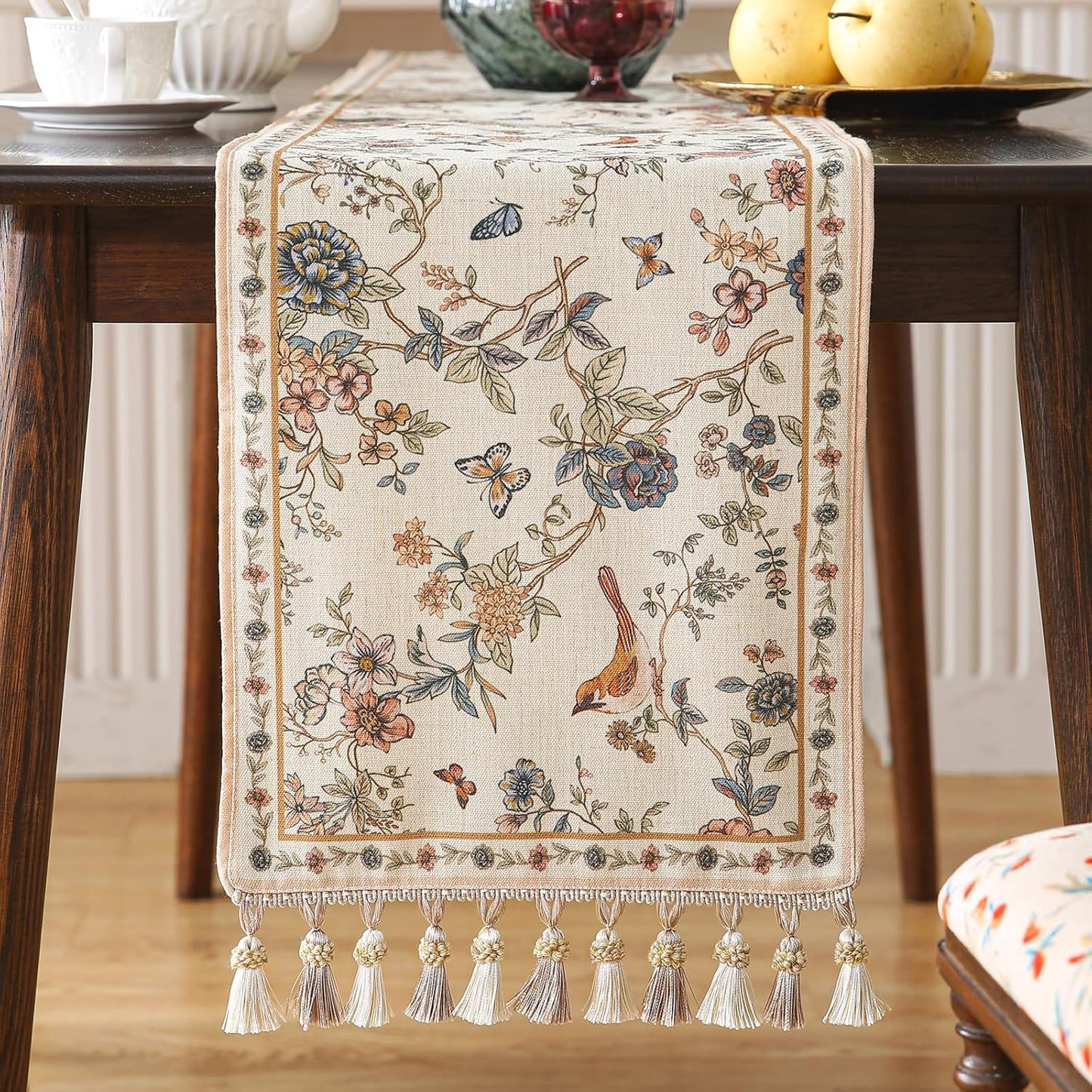 ISAENNE Designer Linen Table Runner 118 Inches Extra Long,Elegant Floral Bird Pattern Table Runners for Dining Room,Farmhouse Rustic Kitchen Decor,Thanksgiving,Christmas,12"*118"-Cornucopia