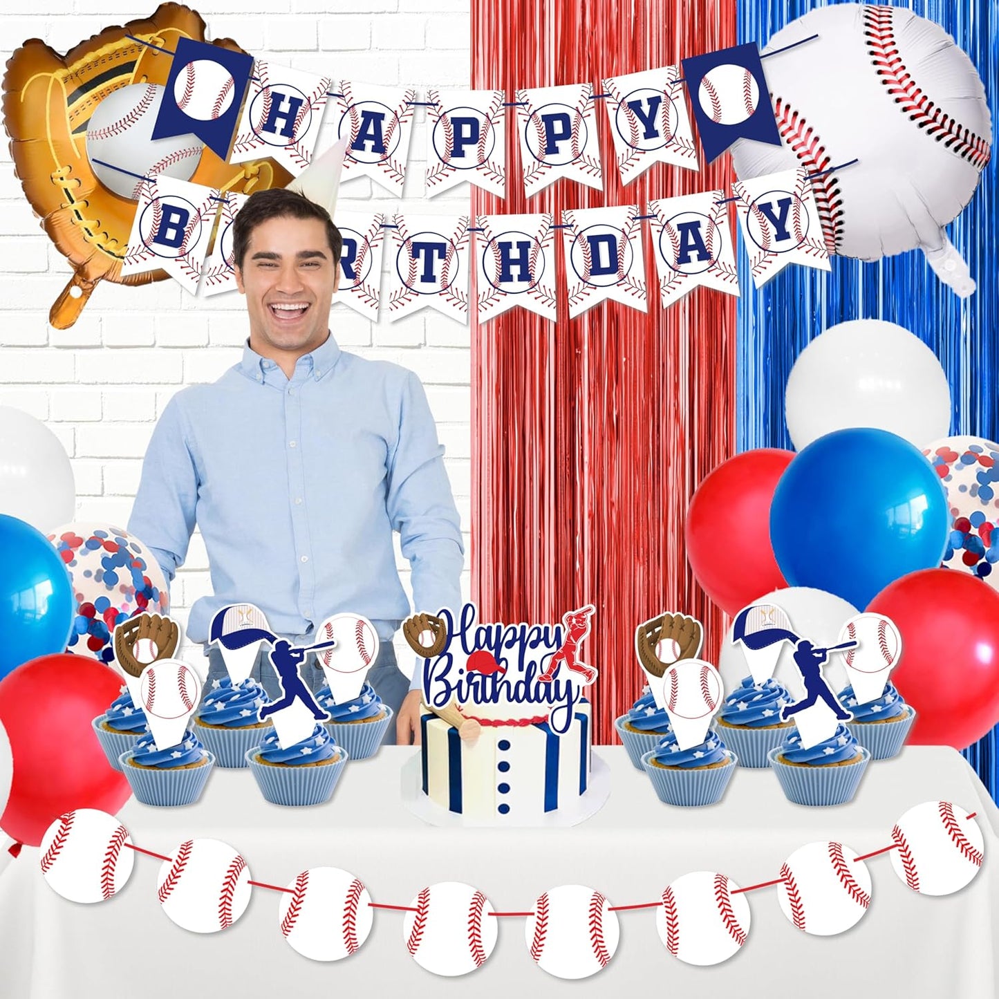 Baseball Party Decorations, Baseball Birthday Party Supplies Kit, Include Sport Themed Birthday banner, Foil Fringe,Hanging Swirls, Baseball Balloons, Cake&Cupcake Toppers