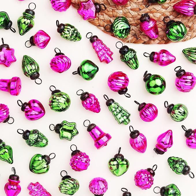 IndianShelf 200 Pieces Pink & Green Glass Vintage Christmas Ornaments Mini Bulk Decorative Ornaments for Halloween, Christmas Tree, New Year, Valentine Day, Holidays, Event and Wedding (25 * 8 Boxes)