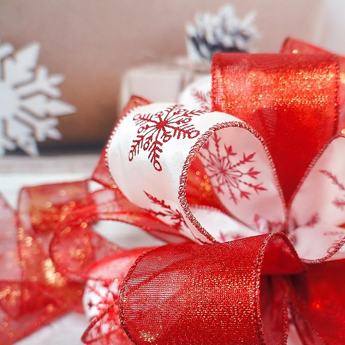 Christmas Tree Topper Bow - Bow: 11" sq. - Tails: 3 Yards Long Each - Red Snowflake