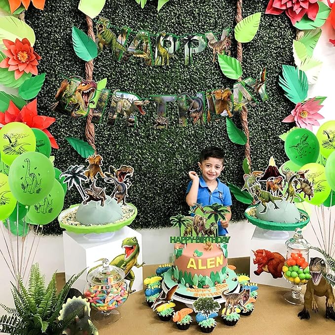 Dinosaur Birthday Decorations – Dino Theme Party Supplies with Happy Birthday Banner, 24 Balloons, 16 Cupcake & Cake Toppers, Ribbons – Dinosaur Balloons & Decorations for Kids
