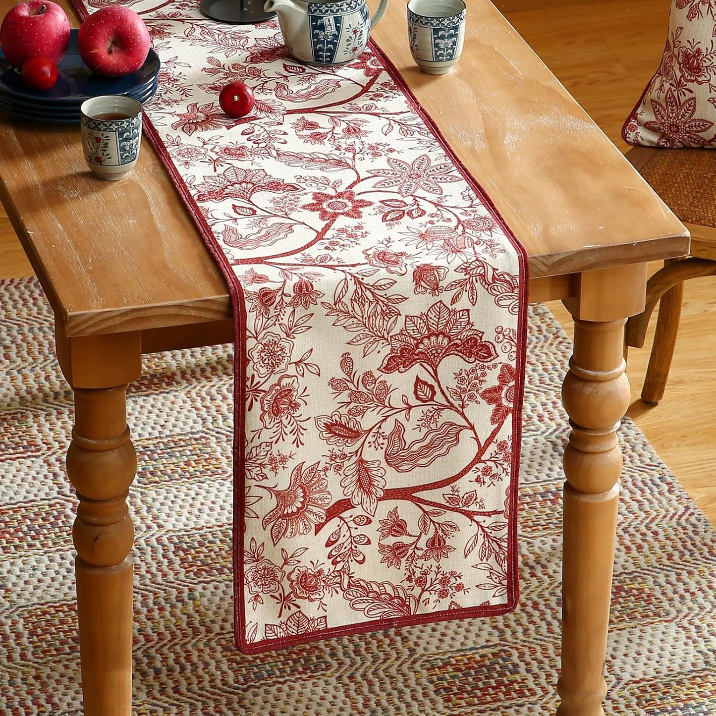 ISAENNE Designer Chinoiserie Elegant Linen Table Runner 102 Inches Long,Red Floral Pattern Decor Table Runners for Thanksgiving,Dining Room,Banquet,Kitchen Tables,Christmas,12"*102"-Ruyi A