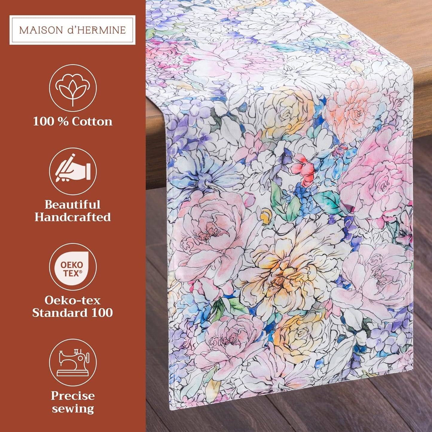 Maison d' Hermine Table Runner 100% Cotton Double Layer Table Runners 108 inches Long Decorative for Home Kitchen Dining Party Wedding Bridal Shower Spring Summer (Floral Love, 14.50" x 108")