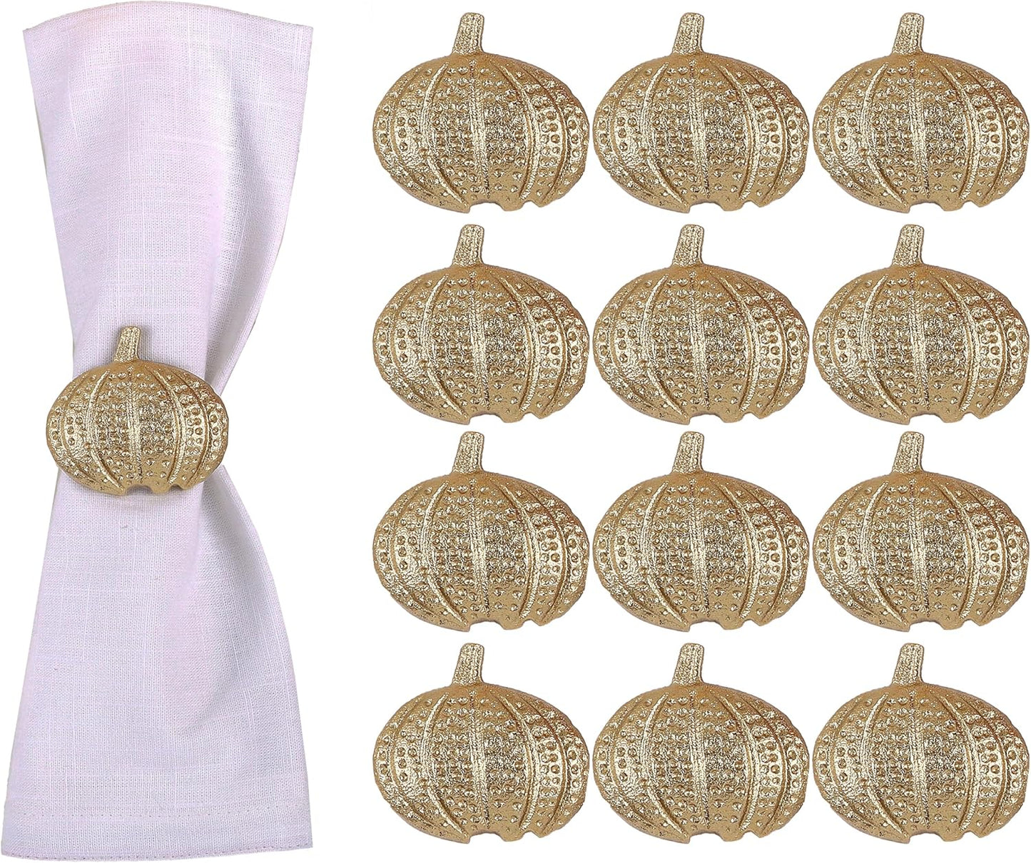 Gold Lightweight Metal Napkin Rings Set of 12 - Pumpkin Elegant Napkin Holders Modern Serviette Buckles Metallic Adornment for Table Settingsfor Thanksgiving, Fall, Halloween & Holiday - CLEENTABLE