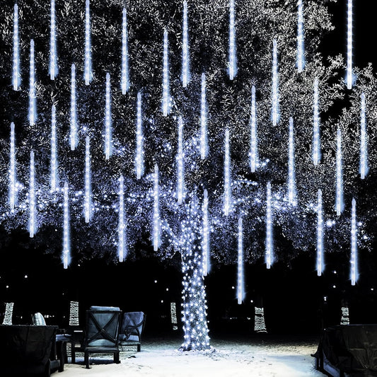 Dazzle Bright Christmas Lights Outdoor, 288LED Meteor Shower Rain Lights 12 Inch 8 Tubes, Waterproof Plug in Falling Icicle Light Christmas Decorations for Xmas Tree Yard House Decor (White)