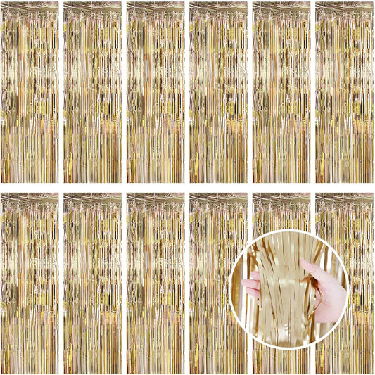 Champagne Gold Fringe Curtain Party Streamers, 12 Pack 3.3ft x 8.2ft Foil Curtain Backdrop Tinsel Foil Fringe Curtains Photo Booth Backdrop Streamer for Birthday, Wedding, Baby Shower, Disco Party