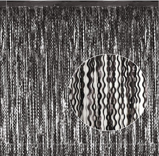 Black Foil Fringe Curtains Party Decorations - 4 Pack 3.3 ft x 6.6 ft Foil Party Curtain Streamer Backdrop for Halloween | Graduation | Fiesta Birthday Decor