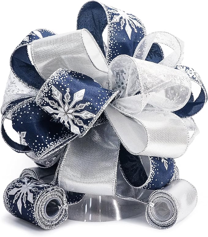 CT CRAFT LLC Blue Snowflake Christmas Tree Topper Bow 11" with 4 Ribbon Streamers x 3 Yards Long Each for Holidy Elegant Fancy Home Décor Indoor
