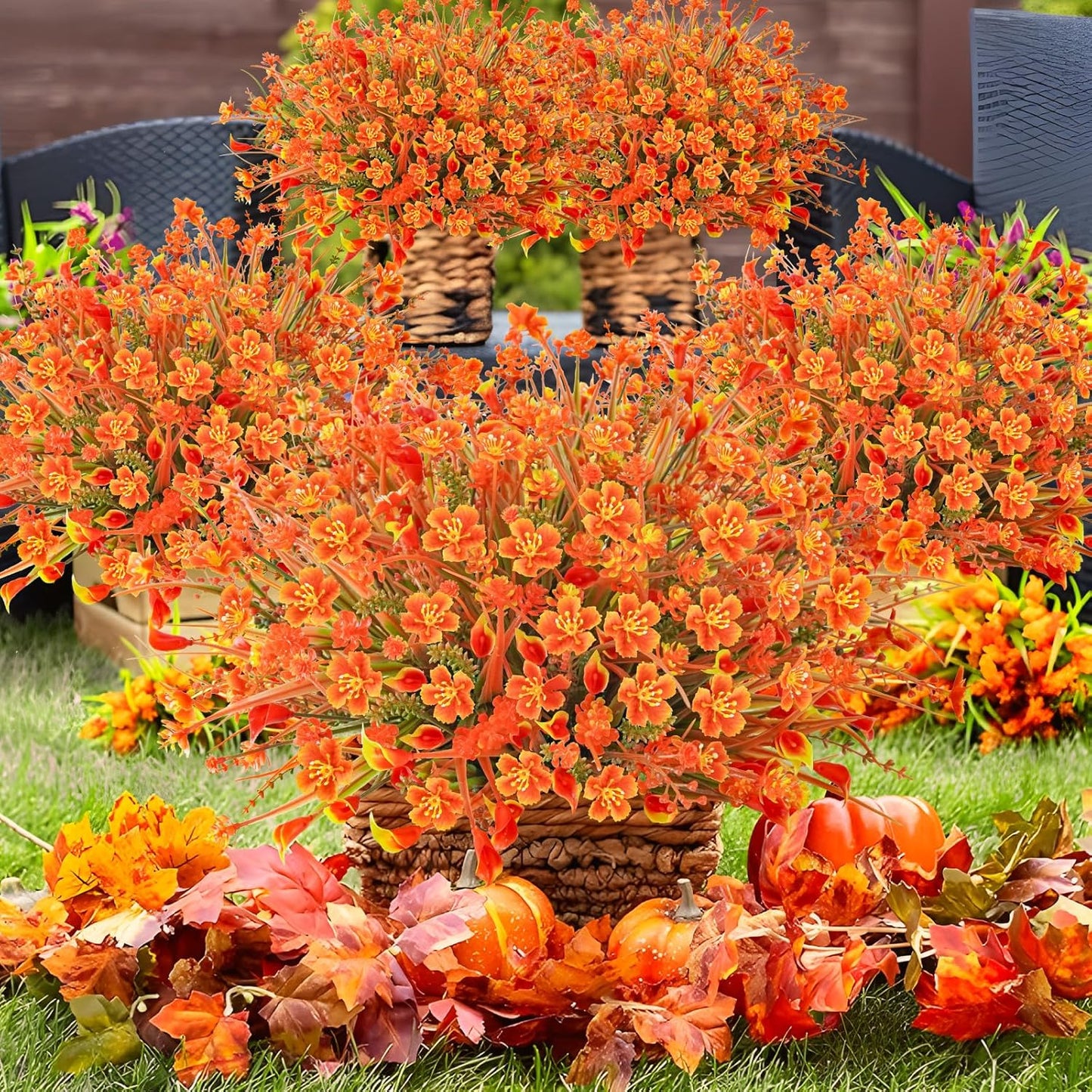16Pcs Outdoor Fall Flowers UV Resistant Artificial Fall Flowers Autumn Plastic Flowers Plants Fall Greenery Shrubs for Outside Garden Front Porch Patio Thanksgiving Decor