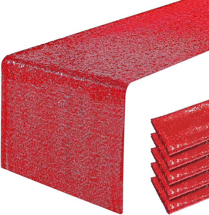6 Packs 12 x 72 inches Red Sequin Table Runner, Glitter Runner for Birthday Party Supplies Decorations Wedding Bachelorette Holiday Celebration Bridal Shower Baby Shower
