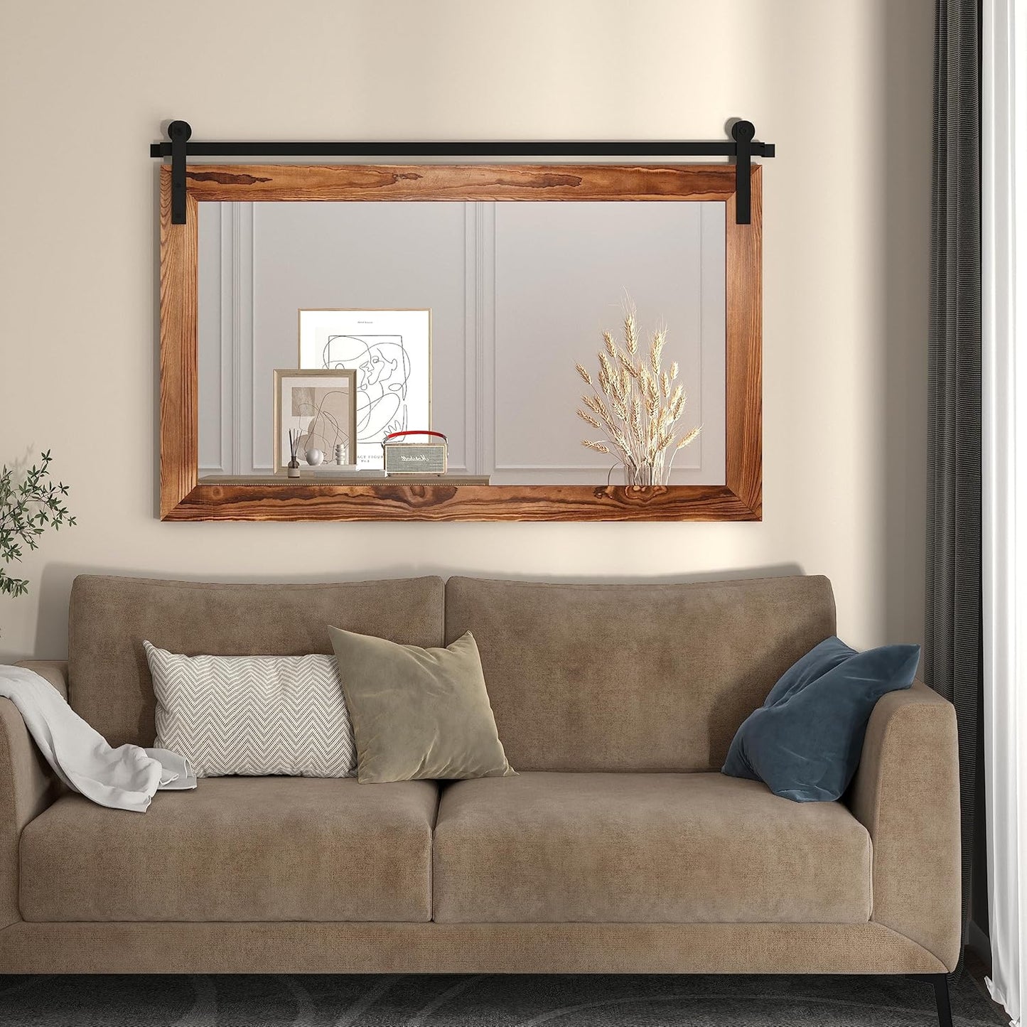 COGOOD Farmhouse Bathroom Mirror - 41" x 30" Rustic Barn Door Mirror for Living Room, Entryway, Bedroom, Vanity Wall Decor (Brown)