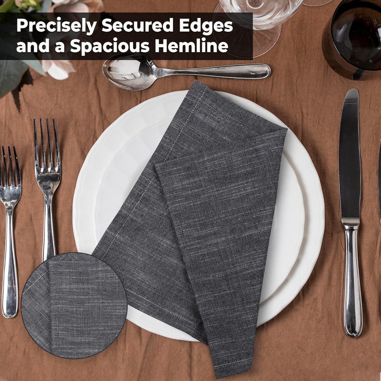 Urban Villa Dinner Napkins Black White Chambray Cloth Napkins (Set of 12) Oversized 20x20 Inches100% Cotton Slub Premium Quality Soft Durable Mitered Corners Reusable Washable Everyday Use Napkins