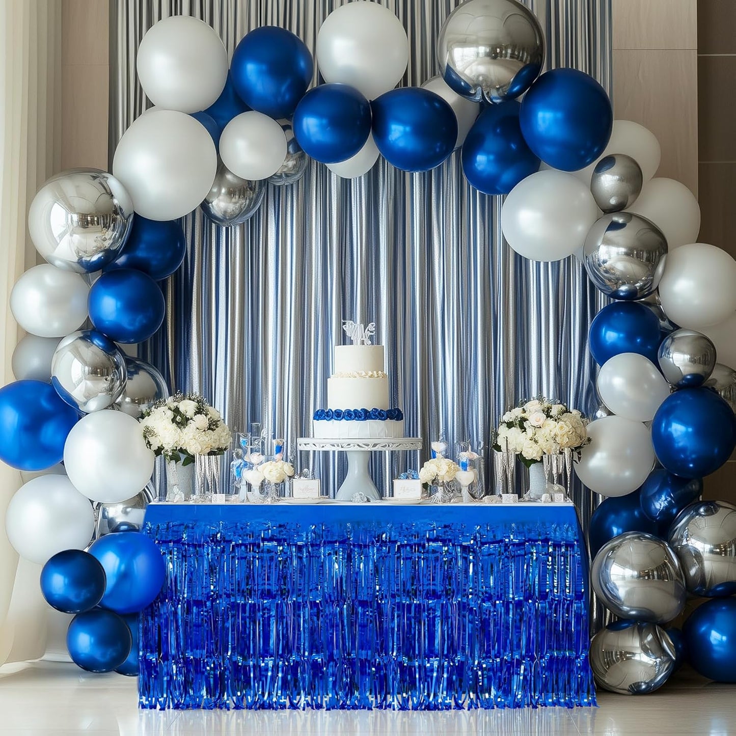 2 Pack Dark Blue Table Skirts, 29x108" Metallic Foil Tinsel Fringe Table Skirts for Rectangle Tables Streamer Curtains Backdrop, Party Decorations for Birthdays Weddings Holidays