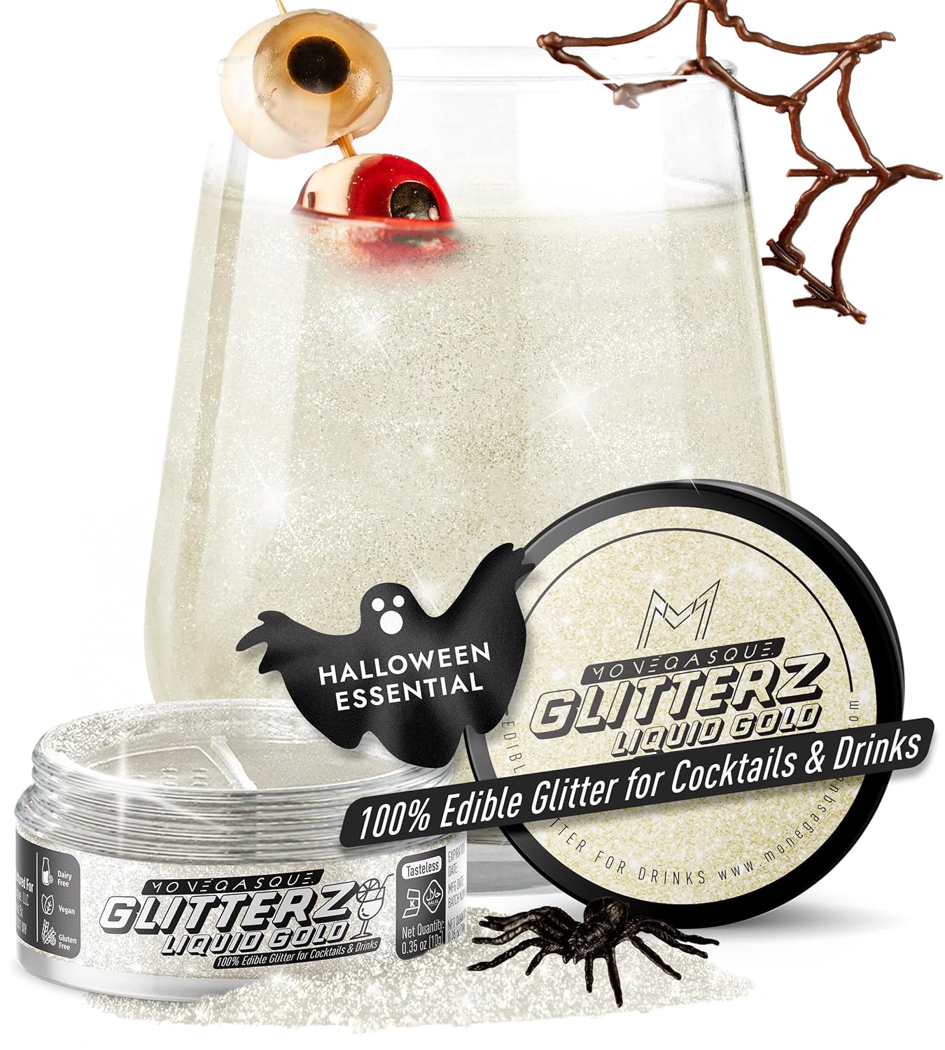 MONÉGASQUE Gold Iridescent Edible Glitter for Drinks 10g – Liquid Gold Edible Glitter for Cakes & Cocktails – Halloween Cocktail Drink Shimmer Sparkles – Decorating Sprinkles for Cupcakes & Cake