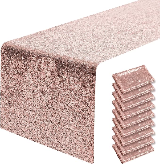 10 Packs 12 x 72 inches Rose Gold Sequin Table Runner, Glitter Runner for Birthday Party Supplies Decorations Wedding Bachelorette Holiday Celebration Bridal Shower Baby Shower