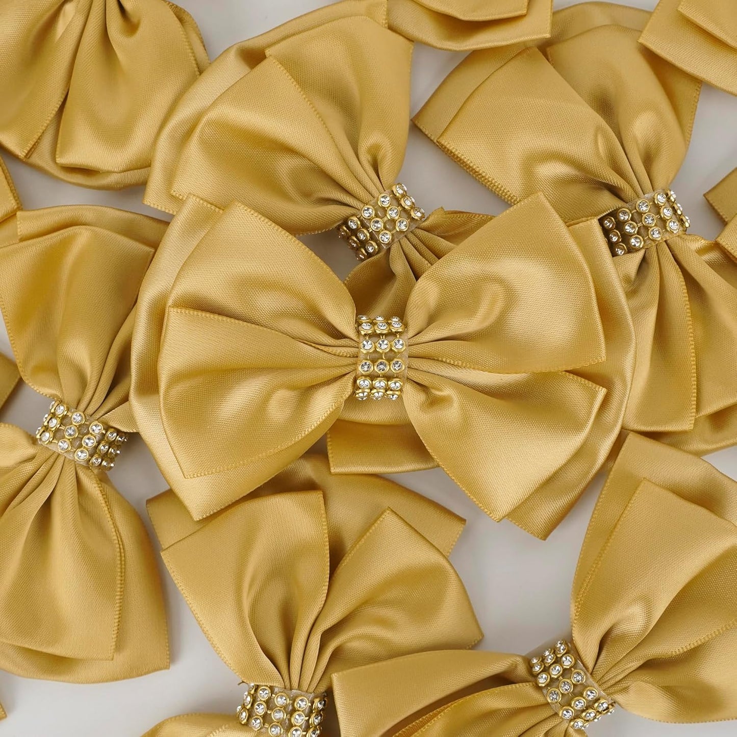 Gold Bows 4'' Premade Satin Ribbon Bow, Gift Bows with Rhinestone, Wrapping Bows for Presents, Greeting Cards, Treat Bags, Wine Bottles, Valentines Bows for Gift Wrapping-12 Counts