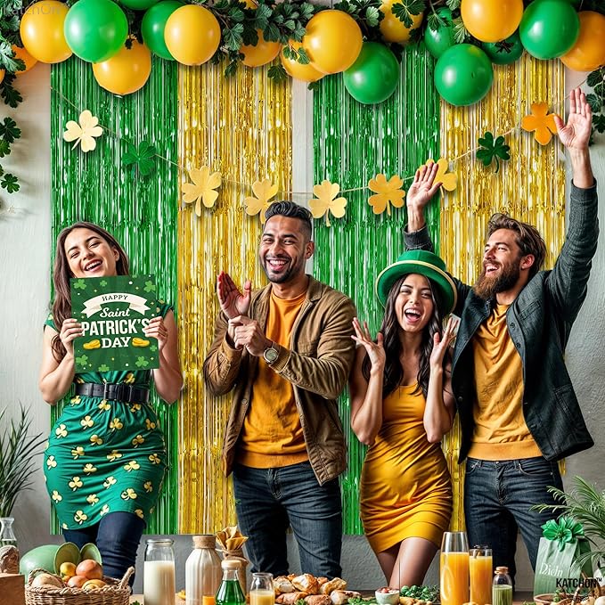 KatchOn, Green and Gold Foil Fringe Curtains - 6.5x6.5 Feet | St Patricks Day Backdrop for St Patricks Day Decorations
