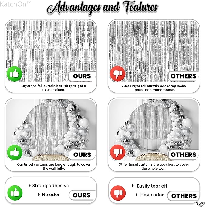 KatchOn, XtraLarge Silver Foil Fringe Curtain - 3.2x8 Ft, Pack of 2 | Streamers Backdrop for Disco Party Decorations | Silver Fringe Backdrop for Valentines, Anniversary, Disco Birthday Decorations