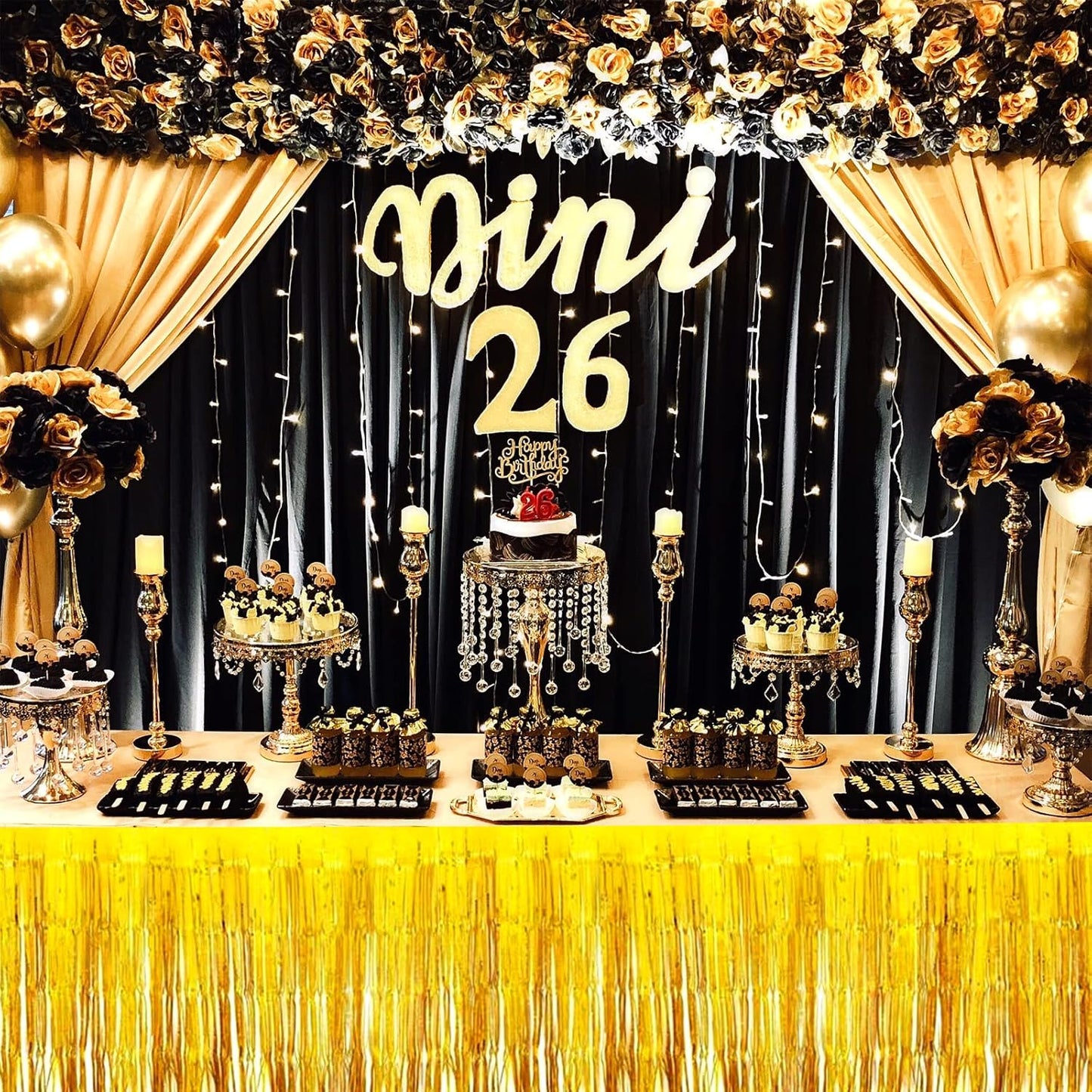 4 Pack 29x108 Inch Metallic Foil Fringe Tinsel Table Skirts for Rectangle Tables Streamer Curtains Backdrop for Wedding, Birthday, Parade Floats, Christmas, Halloween Party Decoration(Gold)