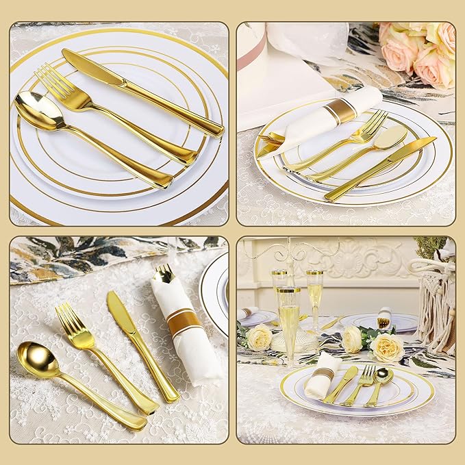 Zcaukya 200 Pieces Gold Plastic Silverware Set, Disposable Cutlery Set Including 100 Forks, 50 Knives and 50 Spoons, Eating Implements Flatware in Bulk for Dinner, Weddings and Birthday Parties