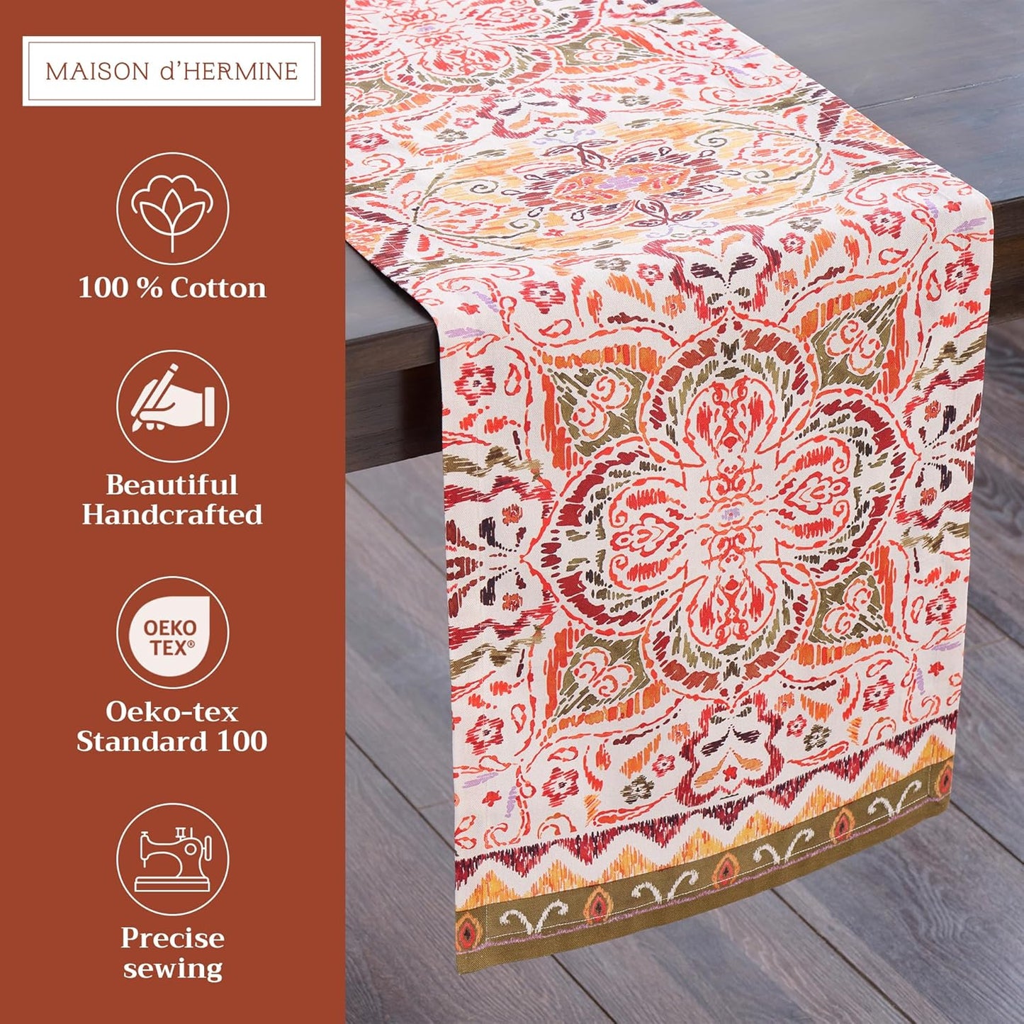 Maison d' Hermine Table Runner 100% Cotton Single Layer Table Runners 72 inches Long for Thanksgiving Christmas Decorations Home Kitchen Dining Party Wedding (Damask, 14.5" x 72")