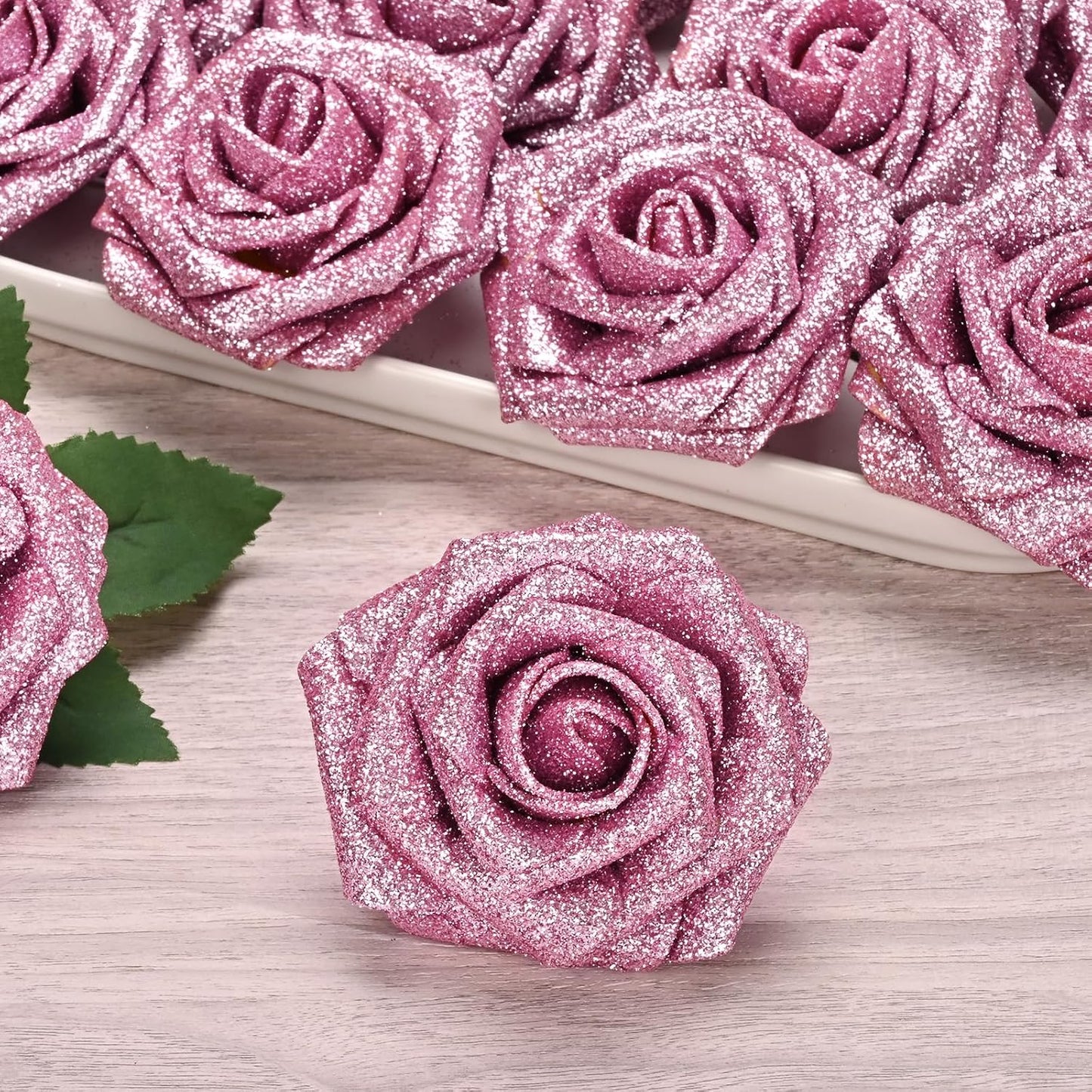 BLEUM CADE 36Pcs Artificial Flowers Fake Roses with Stems, Pink Glitter Boxed Foam Roses for DIY Bouquets Centerpieces Wedding Party Arrangement Bridal Shower Decor