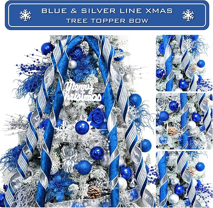Christmas Tree Topper Bow，53 x 13 Inches Velvet Large Christmas Bow Decor with Long Glittering Streamer Line，Xmas Decorations for Tree Wreath Door Festival Home(Blue & Silver Line)