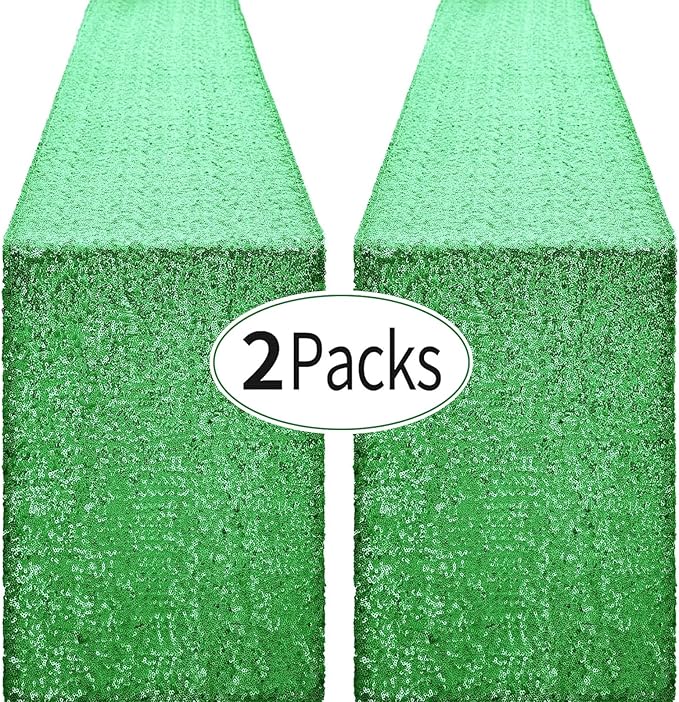 2 Packs 12 x 72 inches Grass Green Sequin Table Runner, Glitter Runner for Birthday Party Supplies Decorations Wedding Bachelorette Holiday Celebration Bridal Shower Baby Shower