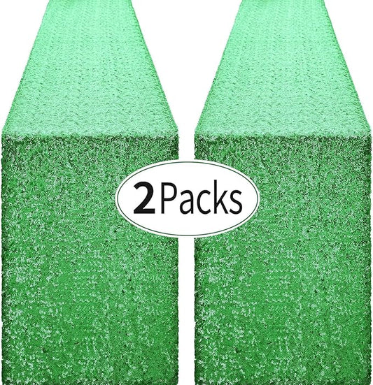 2 Packs 12 x 72 inches Grass Green Sequin Table Runner, Glitter Runner for Birthday Party Supplies Decorations Wedding Bachelorette Holiday Celebration Bridal Shower Baby Shower