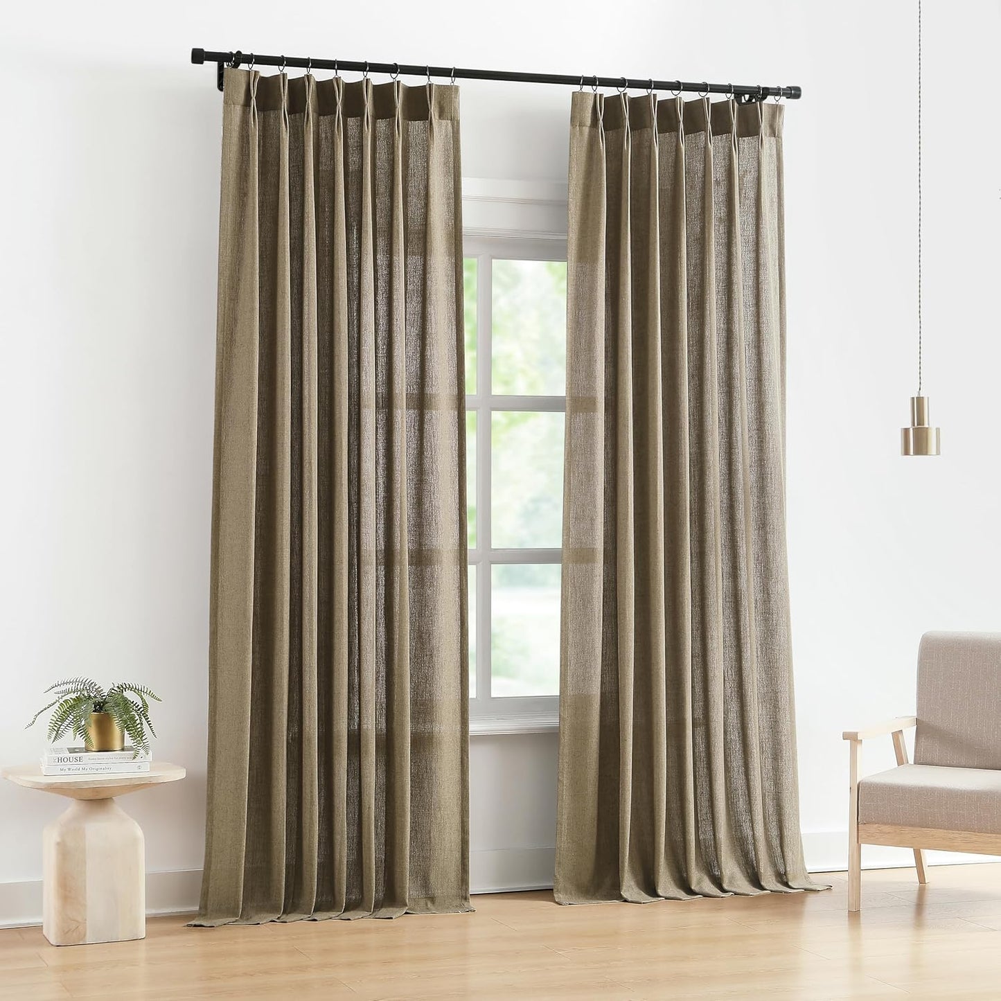 Vision Home Brown Pinch Pleated Semi Sheer Curtains Textured Linen Blended Light Filtering Window Curtains 90 inch for Living Room Bedroom Pinch Pleat Drapes with Hooks 2 Panels 40" Wx90 L