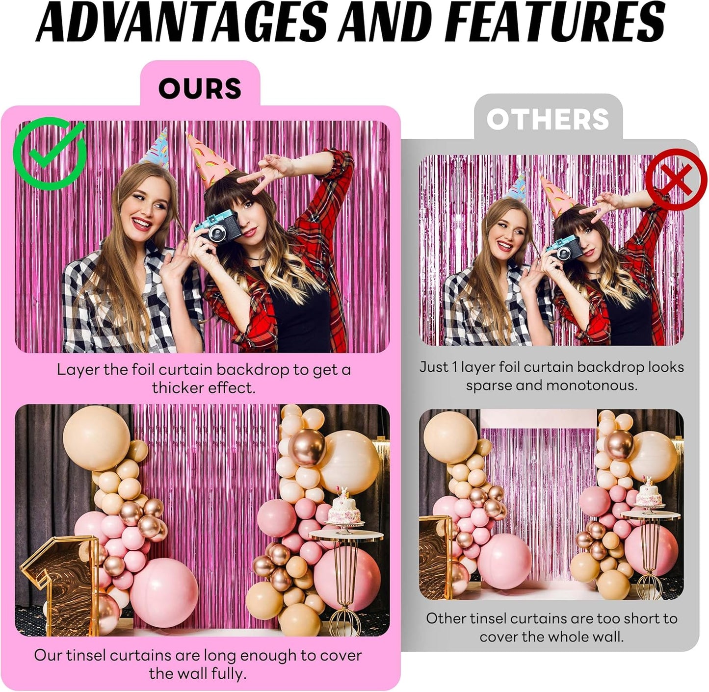 BTSD-home 4 Pack Pink Fringe Curtain, Metallic Photo Booth Backdrop Tinsel Door Curtains for Wedding Birthday Bridal Shower Baby Shower Bachelorette Christmas Party Decorations(8ft x 3ft)