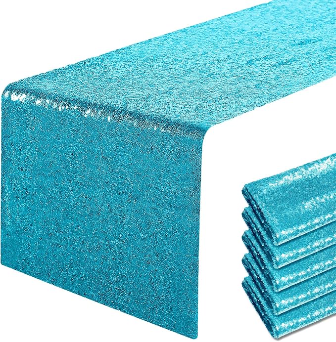 6 Packs 12 x 72 inches Turquoise Sequin Table Runner, Glitter Runner for Birthday Party Supplies Decorations Wedding Bachelorette Holiday Celebration Bridal Shower Baby Shower