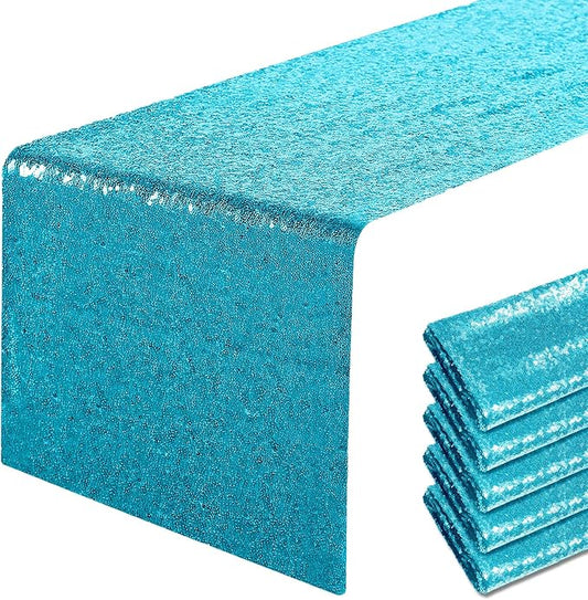 6 Packs 12 x 72 inches Turquoise Sequin Table Runner, Glitter Runner for Birthday Party Supplies Decorations Wedding Bachelorette Holiday Celebration Bridal Shower Baby Shower