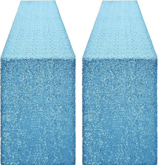 2 Packs 12 x 72 inches Blue Sequin Table Runner, Glitter Runner for Birthday Party Supplies Decorations Wedding Bachelorette Holiday Celebration Bridal Shower Baby Shower