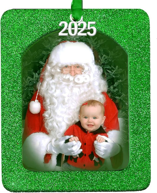 2025 Photo Ornaments for Christmas Tree, Sparkly Glitter Christmas Frame Ornament, Easy-Load Magnetic Design, Includes Satin Ribbon, Silver Charm & Photo Protector, Vertical, Green
