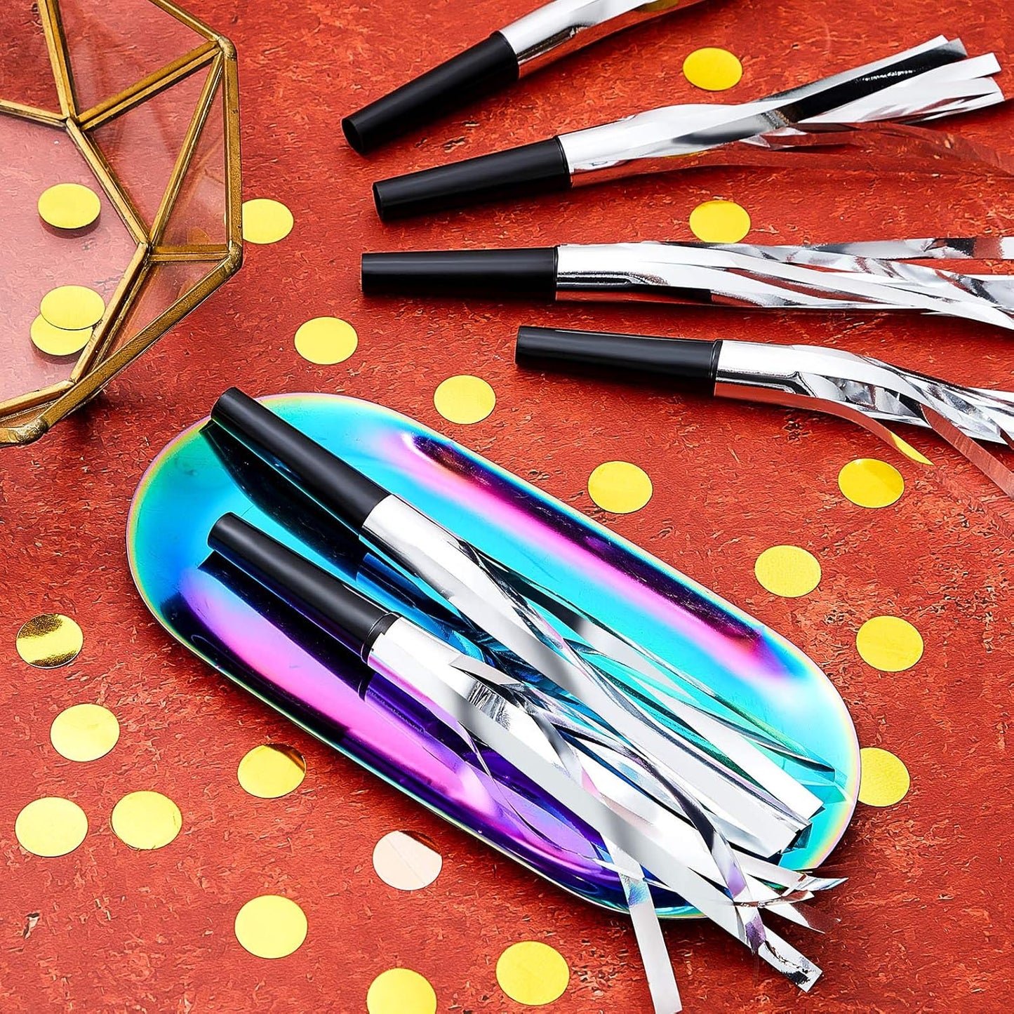 Skylety 24 Pcs Noise Makers Party Favors Silver Blowers Glitter Noise Makers for Sporting Events Fun Party Horns Metallic Fringed Blowers for Birthday Supplies