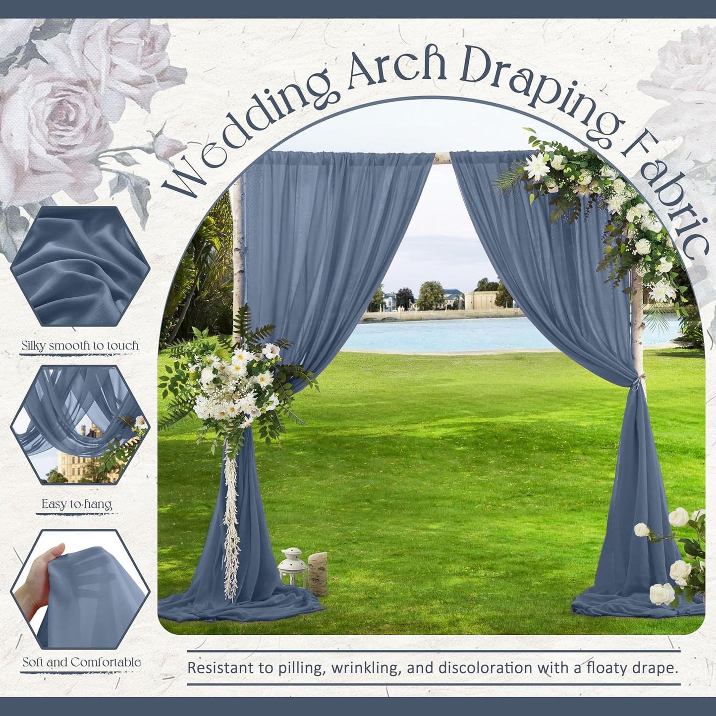 VACVELT Wedding Arch Draping Fabric Dusty Blue Chiffon, 2 Panels Sheer Drapes 30 Inch x 20ft Chiffon Backdrop Curtain Wedding Decor, Outdoor Sheer Drapery for Ceremony Party Ceiling