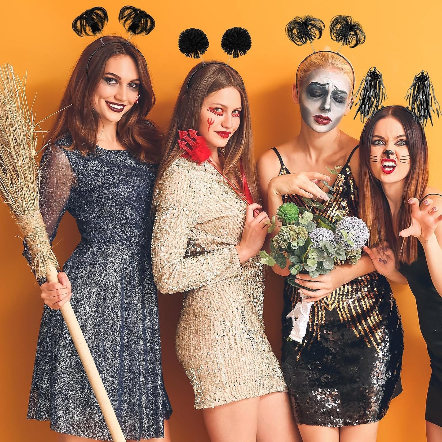 Censen 12 Pcs Halloween Pom Pom Party Headbands Tinsel Ponytails Spirit Head Bopper Headwear for Christmas Birthday Holiday