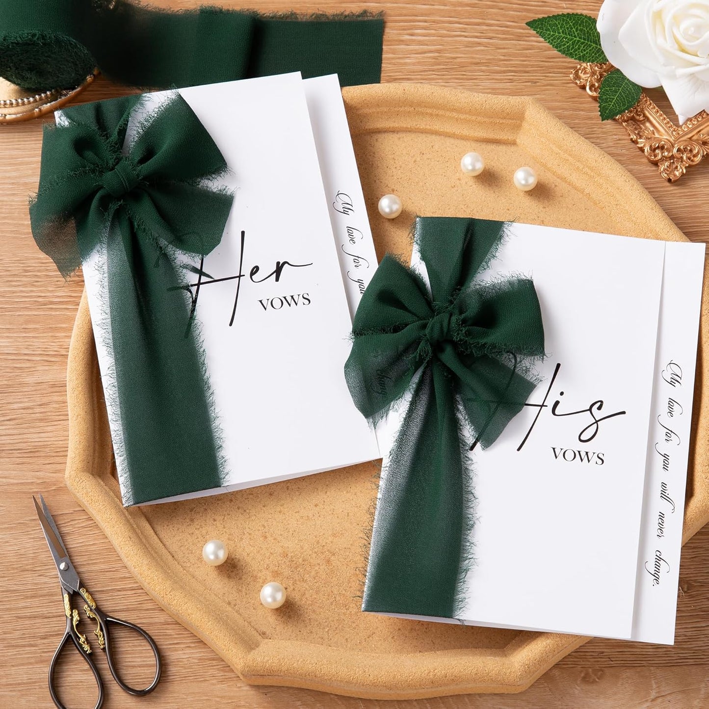 DORIS HOME 2" x21Yd Chiffon Ribbon for Flower Bouquet, Green & Ivory Fabric Ribbon for Gift Wrapping, Handmade Frayed Ribbon for Wedding/Christmas Decorations