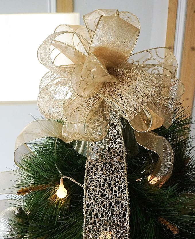 CT CRAFT LLC Champagne Gold Swirl Christmas Tree Topper Bow 11" with 4 Ribbon Streamers x 3 Yards Long Each for Holidy Elegant Fancy Home Décor Indoor