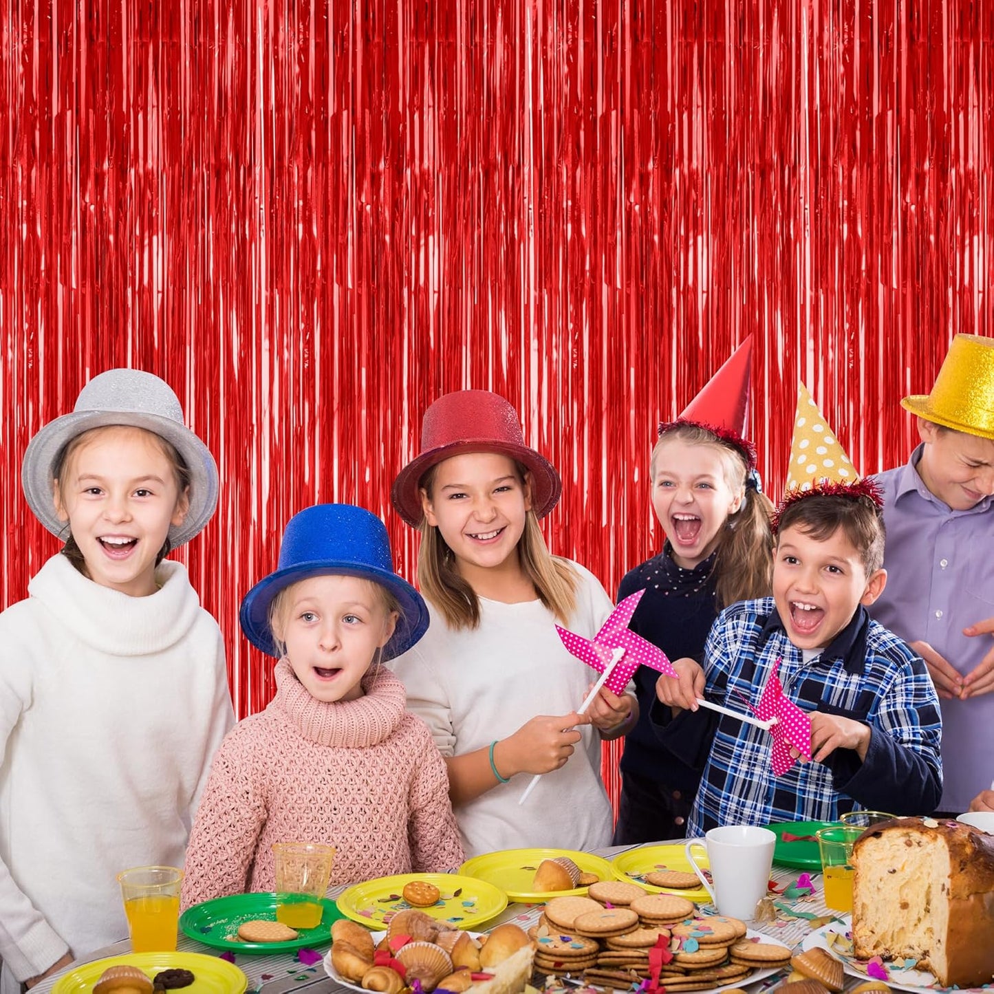 8 Pack Red Backdrop, 3.28 FT x 7.05 FT Streamer Party Decorations, Metallic Foil Fringe Curtains Party Streamer Photo Booth Backdrop, Red Tinsel Canival Theme Party Decor for Engagement Birthday