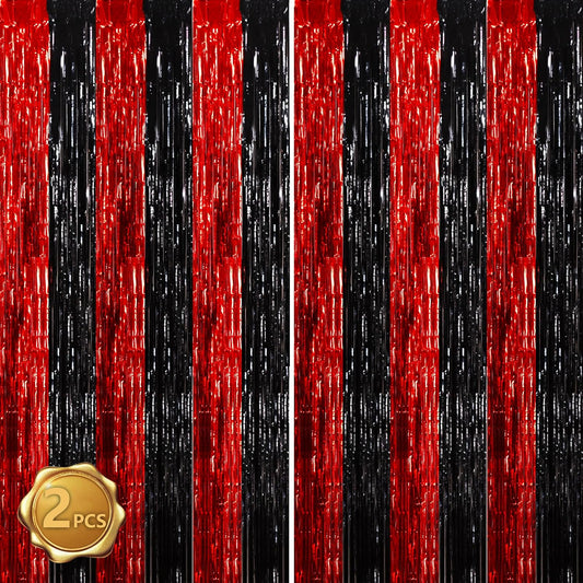 BEISHIDA Red Black Door Streamers Backdrop Foil Fringe Tinsel Party Streamers Curtains Photo Backdrop - 2Pcs for Birthday Graduation Bachelorette Halloween New Year Party Decoations