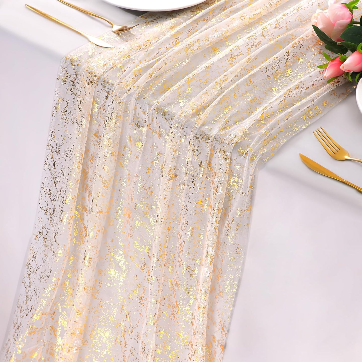 Snowkingdom 3Pcs 10 Ft Gold Table Runners, Sheer Chiffon Tulle Cheesecloth Wedding Runner, Golden Sequin Glitter Metallic Foil Party Table Decorations Centerpieces for Wedding Birthday Christmas