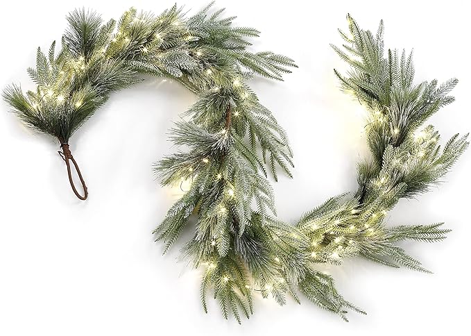LampLust Garland with Lights Battery Operated, 6 Ft Frosted Garland with Pine Branches, 100 LED Lights with Timer, Spring Greenery for Mantle All Year Round, Dining Table Centerpiece Decor