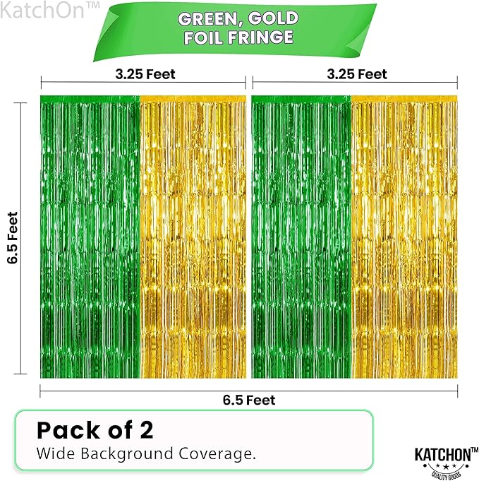 KatchOn, Green and Gold Foil Fringe Curtains - 6.5x6.5 Feet | St Patricks Day Backdrop for St Patricks Day Decorations