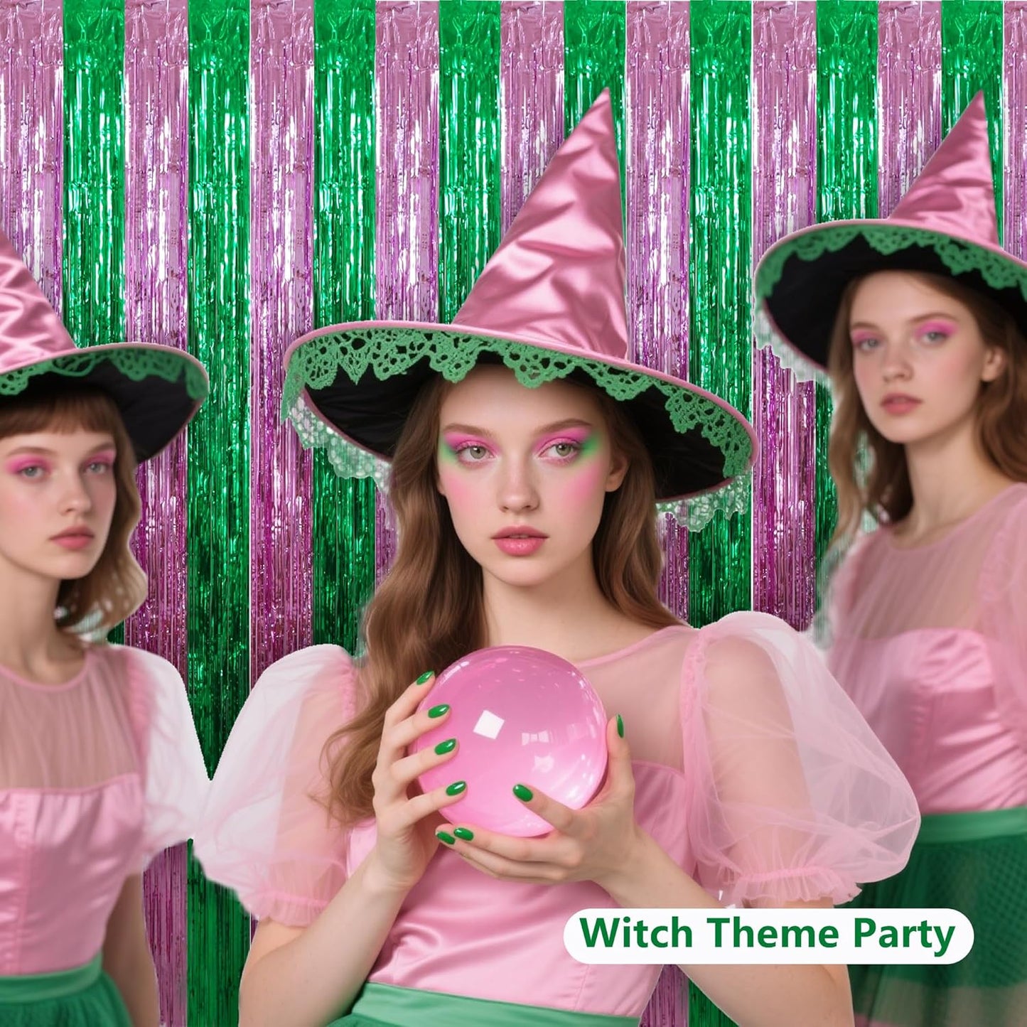 BEISHIDA Pink Green Door Streamers Backdrop Foil Fringe Tinsel Party Streamers Curtains Photo Backdrop for Birthday Graduation Wicked Party Decoations