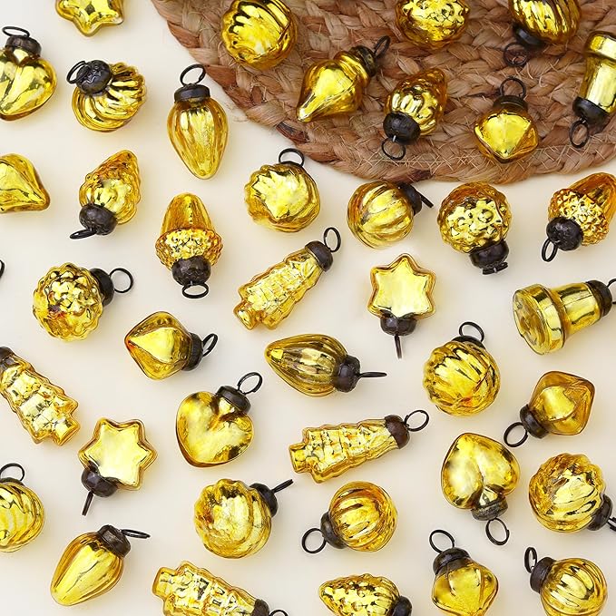 75 Pieces Glass Gold Christmas Ornaments Decorative Mercury Mini Vintage Bulk Hanging Ornaments for Halloween, Christmas Tree, New Year, Valentine Day, Holidays, Event and Wedding Party Decor
